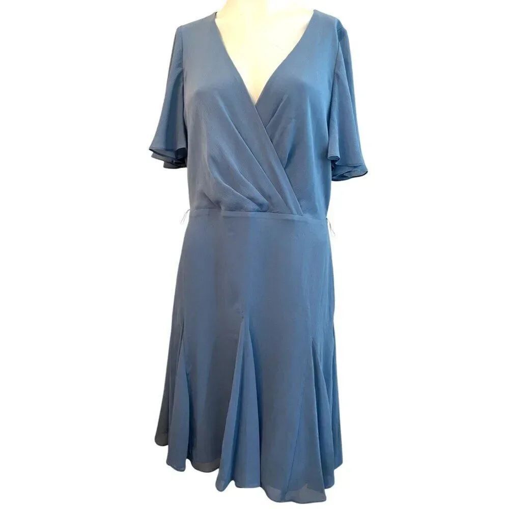 Lauren Ralph Lauren Size 8 Georgette Blue Surplice Chiffon Dress NWT FLAW